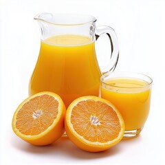 Fresh orange juice poured into a glass. A pitcher of juice and sliced oranges are placed nearby. Isolated on white background