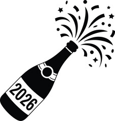 Champagne bottle with 2026 and confetti silhouette