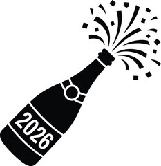 Champagne bottle with 2026 and exploding confetti silhouette