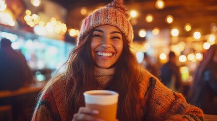 Cozy Winter Getaway: Young woman's cheerful moment with warm drink