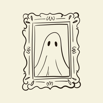 Sketch drawing of antique mirror frame with halloween ghost reflection. Paranormal vintage painting. Hand-drawn vector graphic