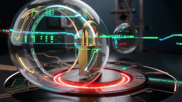 A golden padlock secured within a transparent sphere, surrounded by glowing digital circuits and futuristic technology, symbolizing data protection and cybersecurity.