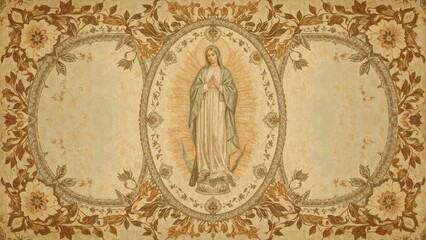 Naklejka premium Depicting female saint wearing white gown and blue mantle on parchment, with ovals and golden rays