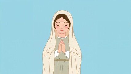 Fototapeta premium Praying adult woman wearing long muted-tone robe and off-white veil against light blue backdrop