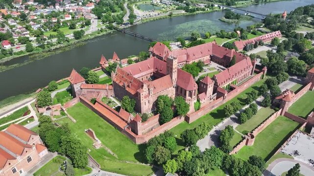 Aerial view of The Castle of the Teutonic Order in Malbork, the largest medieval castle, UNESCO, Malbork, Poland