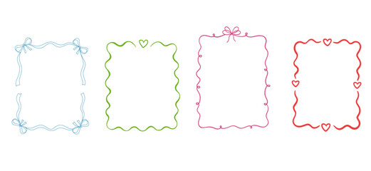Cute pink ribbon with bow and hand drawn frame for valentine card or wedding party. Decorative whimsical line and round doodle border style.