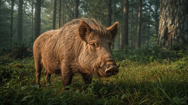 Standing solitary wild boar staying alert in dense pine forest, featuring misty undergrowth - Powered by Adobe