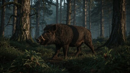 Naklejka premium Standing wild boar wandering forest floor in pine forest, with misty woodland atmosphere