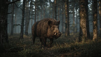 Standing solitary wild boar roaming narrow pine forest path, with misty ferns and pine needles