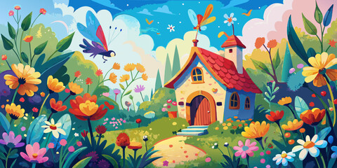 A delightful cartoon illustration of spring flowers and birds in a cozy garden cottage under a sunny sky