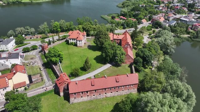 Aerial view of Sztum Castle by Lake Zajezierskie in Sztum, Poland