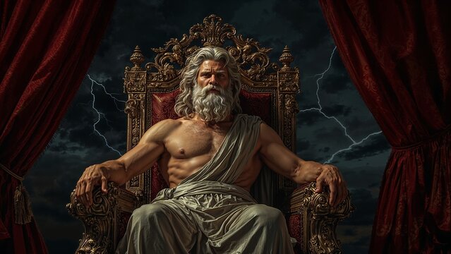 Sitting bearded deity commanding golden ornate throne with red velvet curtains, lightning flashing