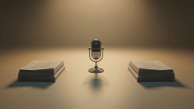 Vintage silver microphone standing on beige tabletop in broadcast studio, with two paper stacks - Powered by Adobe
