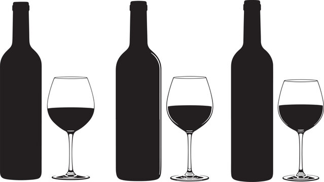 Three wine bottles and glasses silhouette - Powered by Adobe