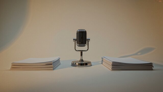 Standing vintage-style microphone occupying center on tabletop in studio, with white paper stacks - Powered by Adobe