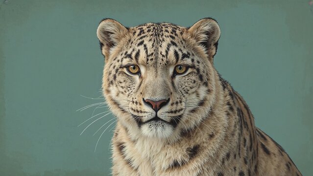 Facing forward snow leopard showing golden eyes and dense spotted fur in studio, teal backdrop