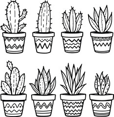 Hand drawn cactus and succulent plants in pots vector illustration line drawing design for print 100 silhouette