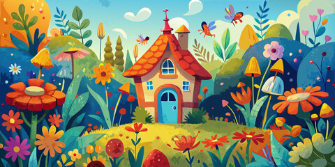 A vibrant vector illustration of a seamless spring landscape with a house, flowers, birds, and butterflies