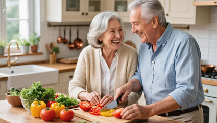 Happy senior couple preparing fresh vegetables together in cozy kitchen, enjoying joyful moments while cooking healthy meals at home.