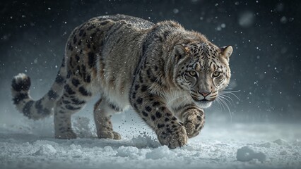 Obraz premium Prowling snow leopard moving through powdery snow in mountain taiga clearing, with focused gaze