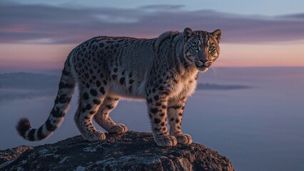 Standing snow leopard scanning rocky outcrop at dusk, with cloud layer and distant mountain peaks
