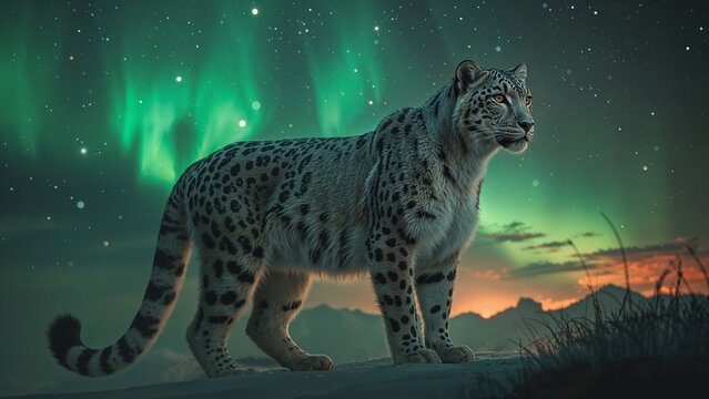 Standing snow leopard scanning snow ridge at dusk, with aurora borealis, stars and mountain peaks - Powered by Adobe