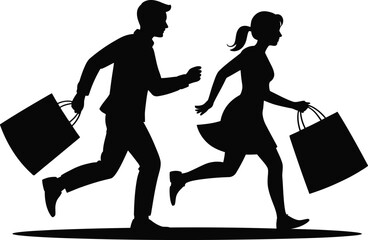 Couple running with shopping bags silhouette