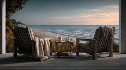 Cozy wooden chairs, soft blanket, coffee cup, and book on porch overlooking peaceful beach and ocean at sunrise, tranquil atmosphere