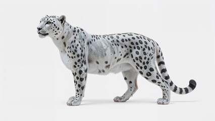 Standing snow leopard facing left in studio environment, with smooth white seamless backdrop