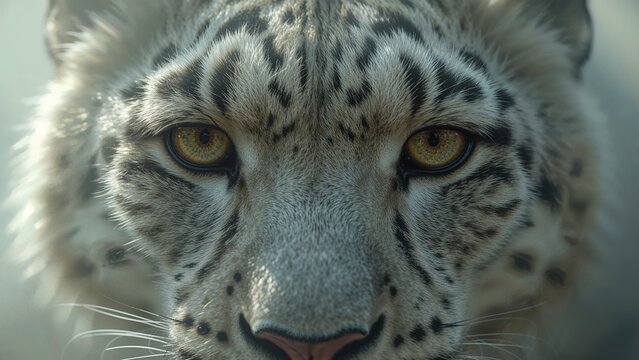 Displaying snow leopard face in mountain area, revealing golden eyes spotted fur and white whiskers - Powered by Adobe
