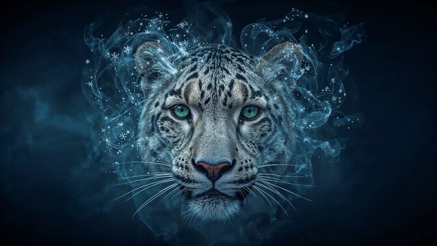 Floating snow leopard head glowing against blue backdrop, with swirling mist and crystal snowflakes - Powered by Adobe