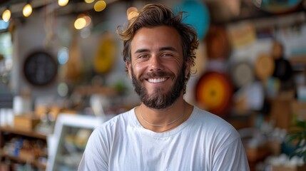 Fototapeta premium Smiling man with messy brown hair & white tee, in bright blurry indoor background