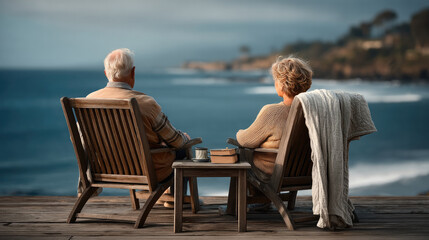 Senior couple sitting on wooden chairs by ocean, enjoying peaceful morning with coffee, books, and cozy blanket, tranquil coastal view