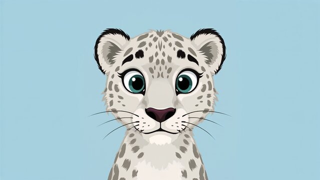 Showing cartoon snow leopard cub gazing with green eyes on pastel blue backdrop, with spotted fur - Powered by Adobe