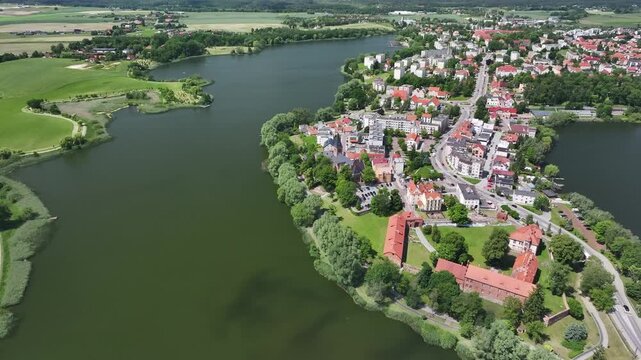 Aerial view of Sztum Castle by Lake Zajezierskie in Sztum, Poland