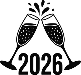 Two champagne glasses toasting with 2026 year silhouette