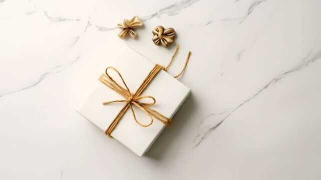 White gift box with brown twine bow on marble background