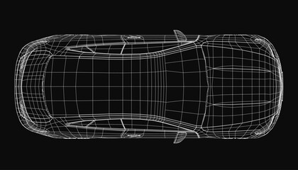 A sleek sports car wireframe model displays intricate design details on a black background. The 3D rendering highlights the vehicle's aerodynamic structure and precise engineering.