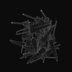 A 3D vector illustration of scattered chili pepper wireframes in white lines on a black background, featuring a messy pile of overlapping peppers with varying shapes and sizes.