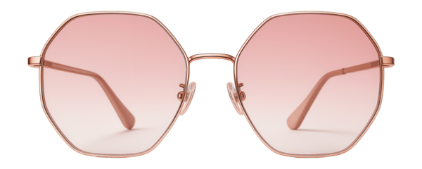 Hexagonal oversized sunglasses with rose gold metal frames and pink gradient lenses