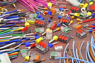 Materials for assembling the electrical control panel. Close-up. Soft focus. 