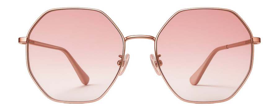 Hexagonal oversized sunglasses with rose gold metal frames and pink gradient lenses