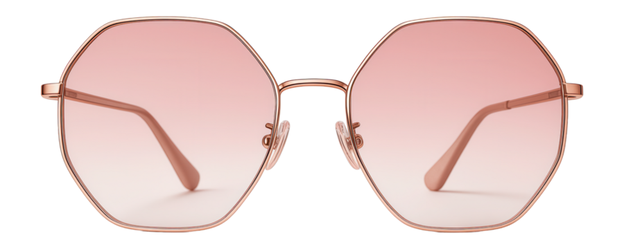 Hexagonal oversized sunglasses with rose gold metal frames and pink gradient lenses