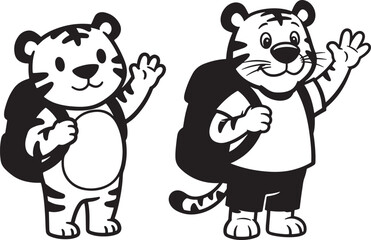 Naklejka premium Two cartoon tigers with backpacks waving hello silhouette