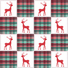 Christmas Reindeer Patchwork Buffalo Plaid Quilt Seamless Pattern