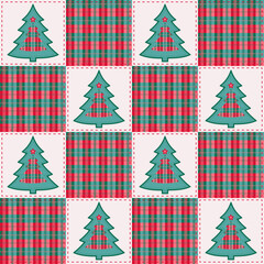 Christmas Fir Tree Patchwork Buffalo Plaid Quilt Seamless Pattern