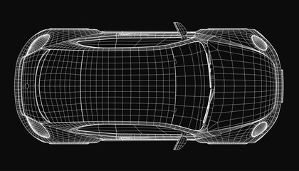 A sleek 3D wireframe model of a sports car displayed on a black background highlights its aerodynamic design and structural details. The blueprint-style rendering showcases precise contours.