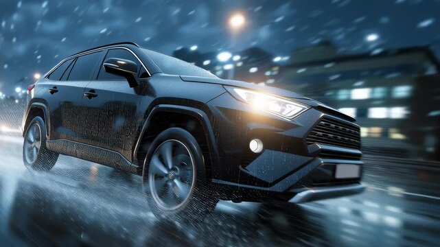 Black SUV driving through a rainy city street at night with reflections and motion blur creating a dynamic scene.