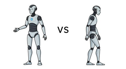 Two cartoon robots, one gesturing, the other walking, set against a white background, with a "VS" in between.
