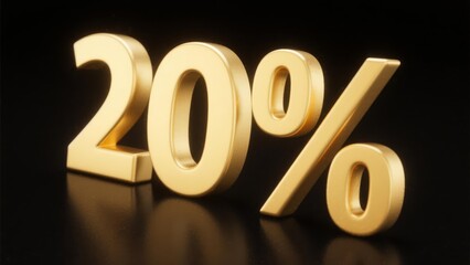 Gold 20% Off Sale Discount Sign 3D Render Black Background Luxury Promotion Percentage Offer